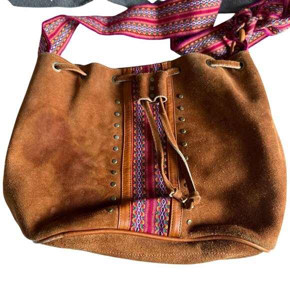 Leather Suede Faja Fabric Strap Shoulder Bag Brown Pink Bohemian Everyday - Picture 11 of 14